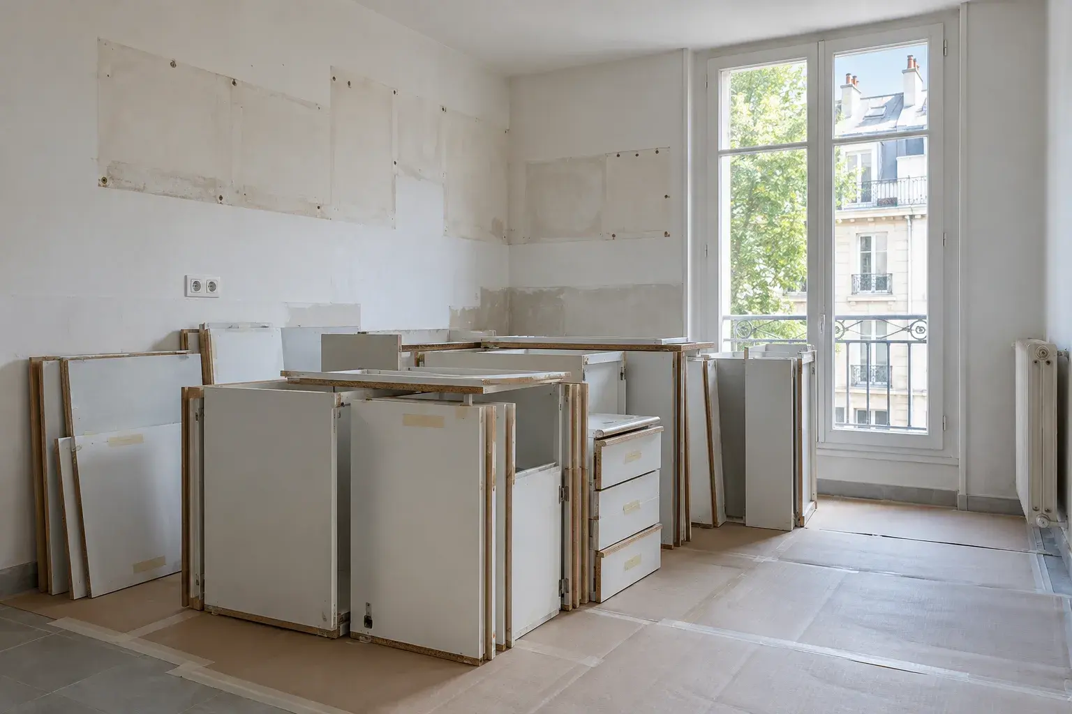 Caissons démontés dans une cuisine vide au sol protégé