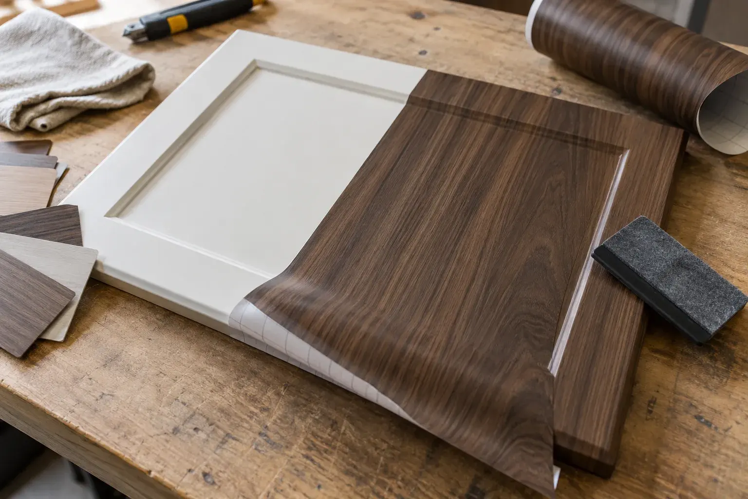 Film décor bois présenté sur une porte de cuisine et échantillons