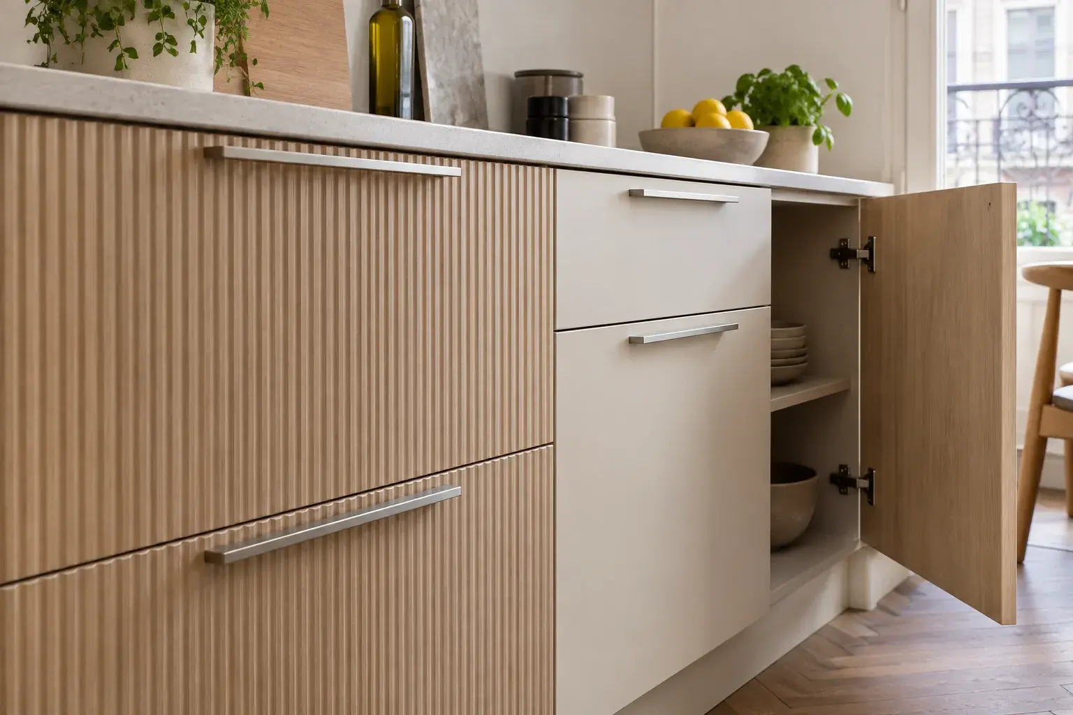 Détail de façades de cuisine en bois et de tiroirs clairs