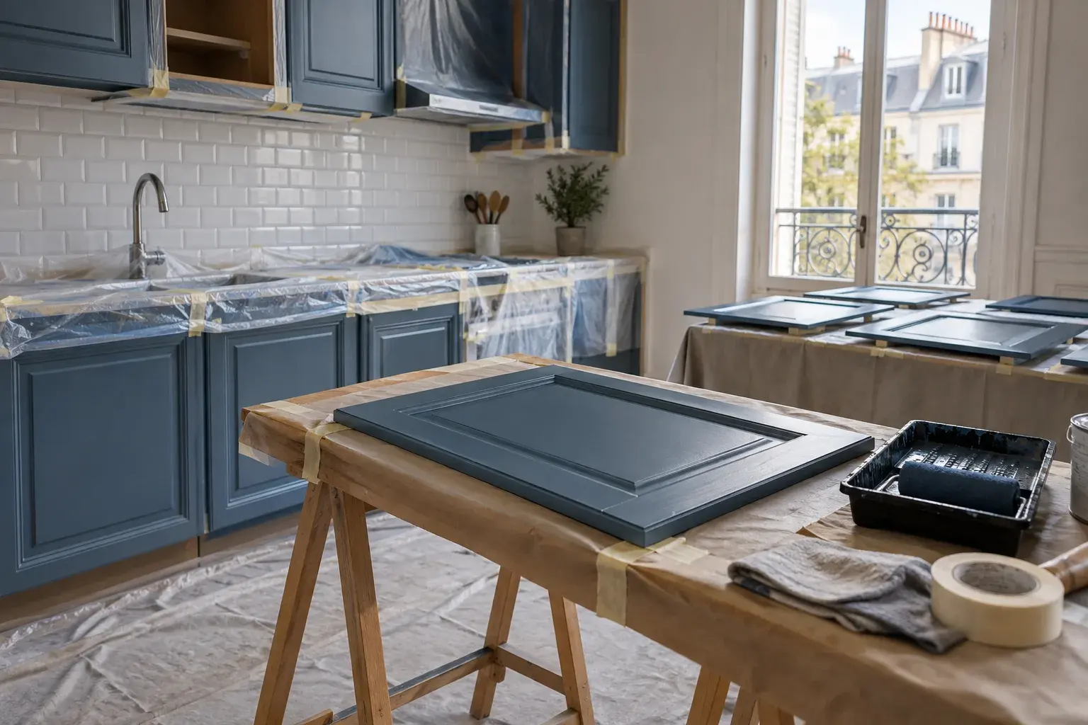Porte de cuisine peinte sur tréteaux dans une pièce protégée