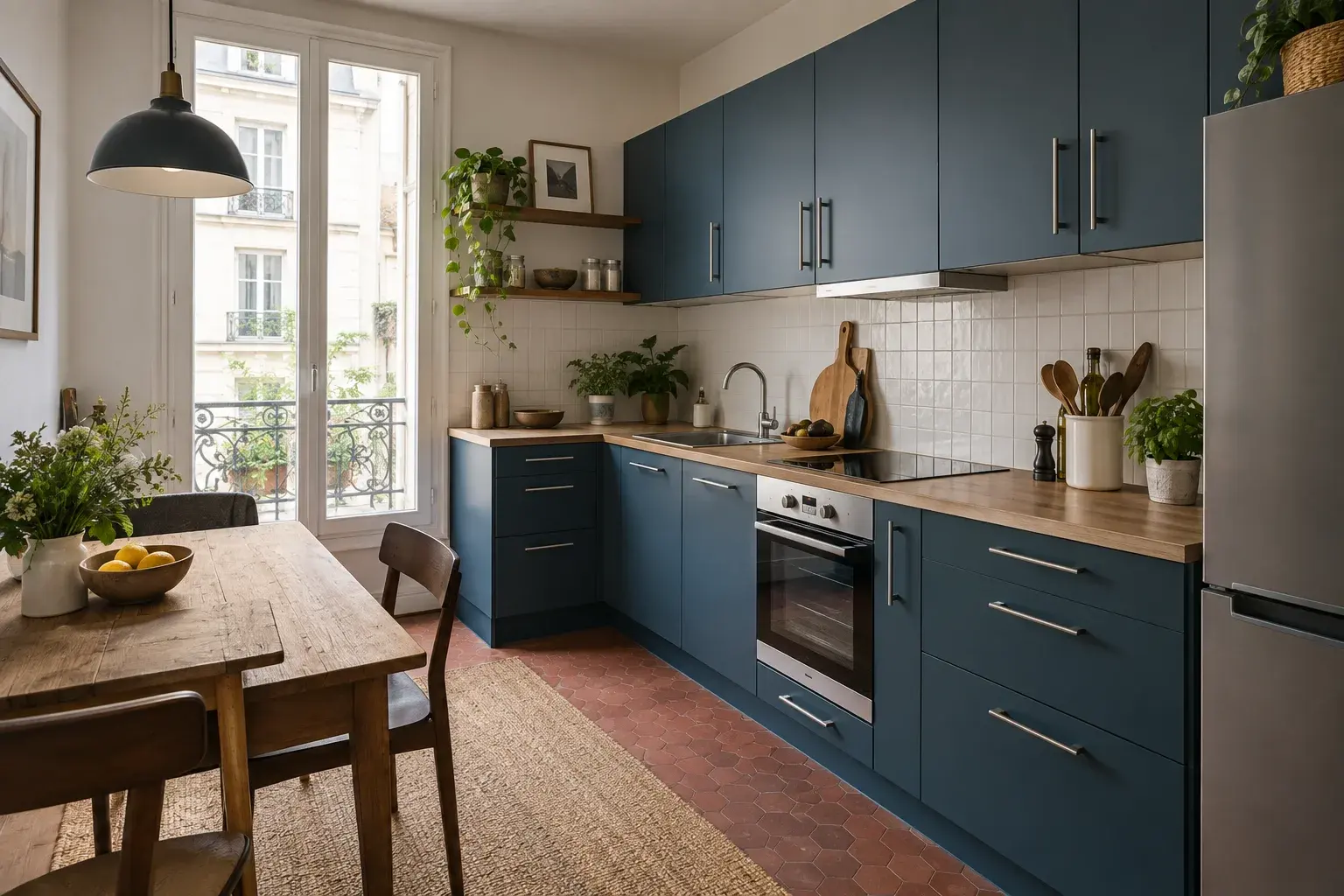 Cuisine d’appartement aux façades bleu profond et plan en bois