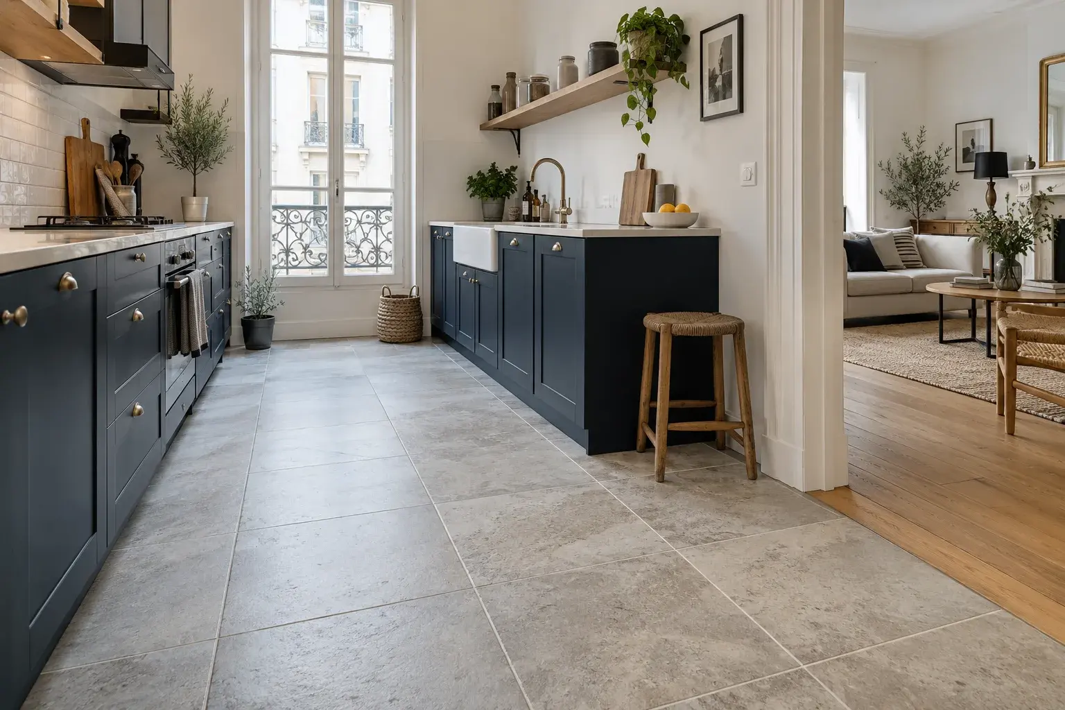 Sol carrelé de cuisine et transition vers un séjour en parquet