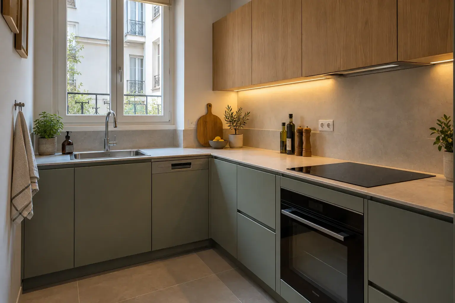 Cuisine avec évier, lave-vaisselle, plaque et éclairage du plan