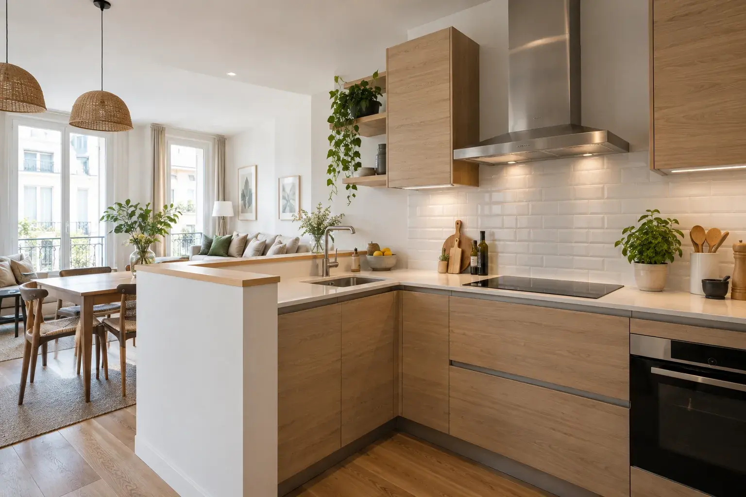 Cuisine semi-ouverte avec hotte murale et meubles en bois